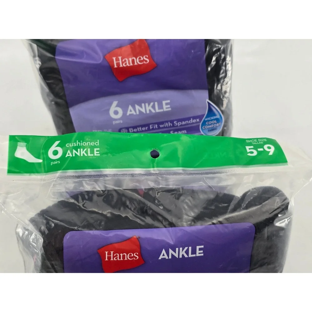 Hanes Ankle Socks Womens 5-9 Black Cushioned 6 Pair Packs -New